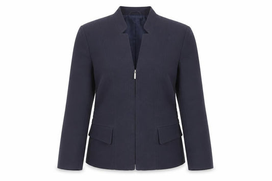 Front view of Alexara women’s blue jacket, size UK 12, zip