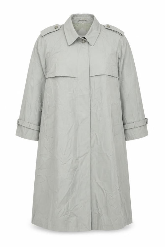 Front view of NuAge women’s grey trench coat coat, size UK 12, button