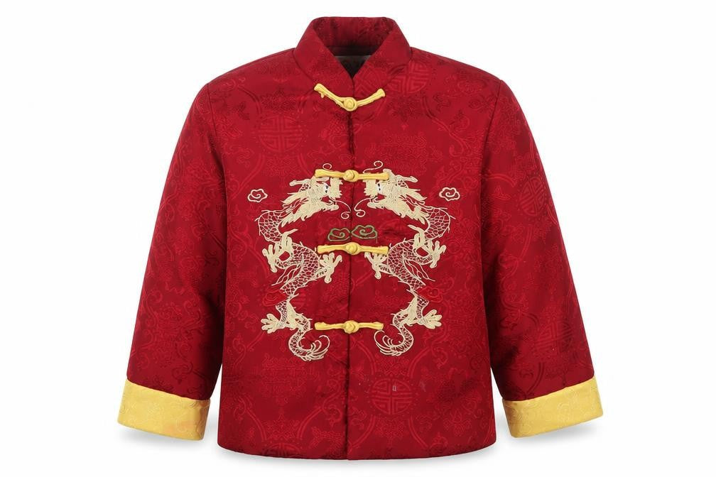 Front view of Yu Peng boys’ red floral kimono jacket, size 8, years button