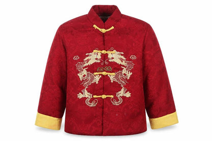Front view of Yu Peng boys’ red floral kimono jacket, size 8, years button