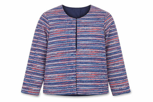Front view of Anne de Lancey women’s multicoloured striped jacket, size M, hook & eye