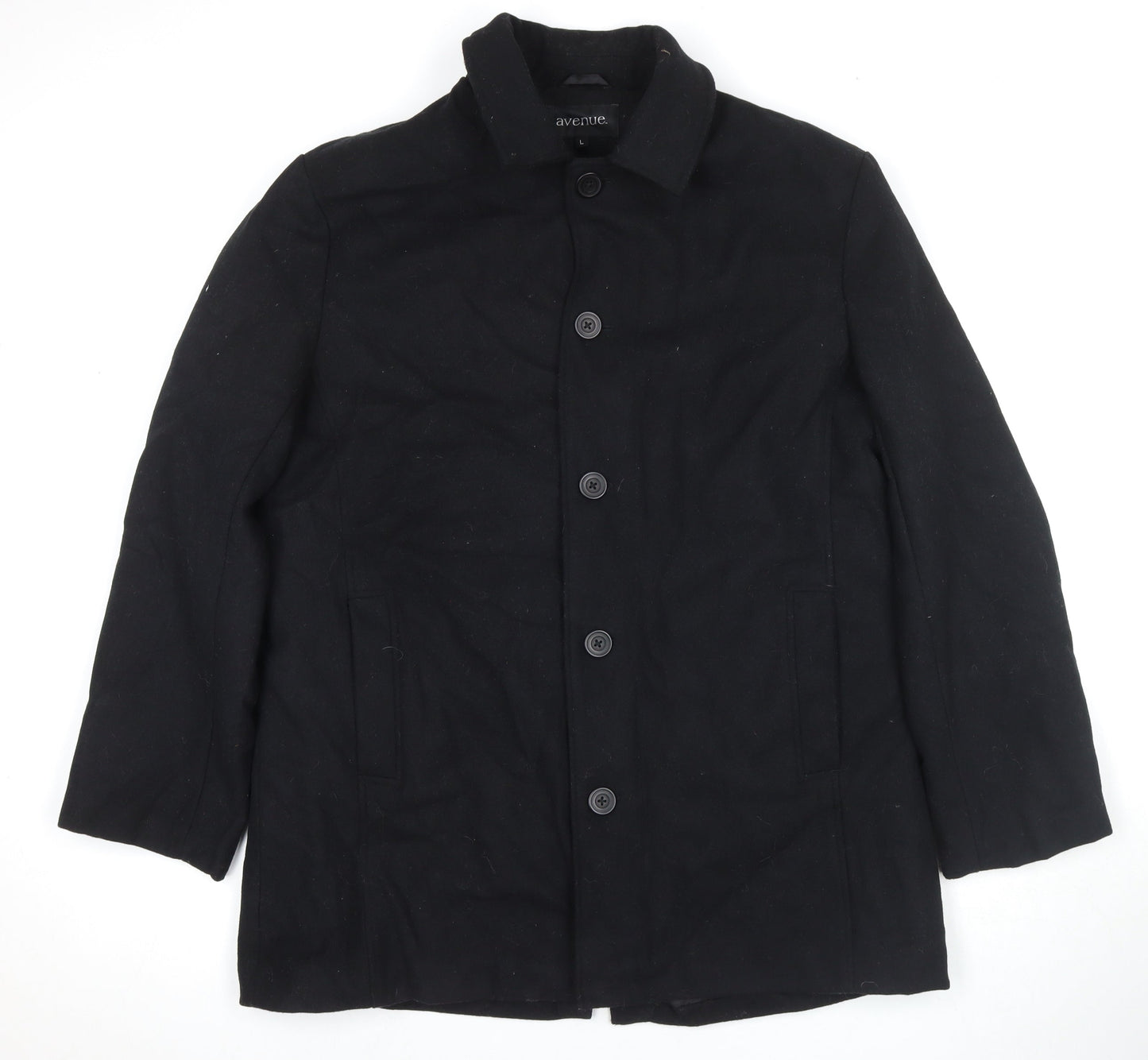 Avenue Mens Black Overcoat Coat Size L Button