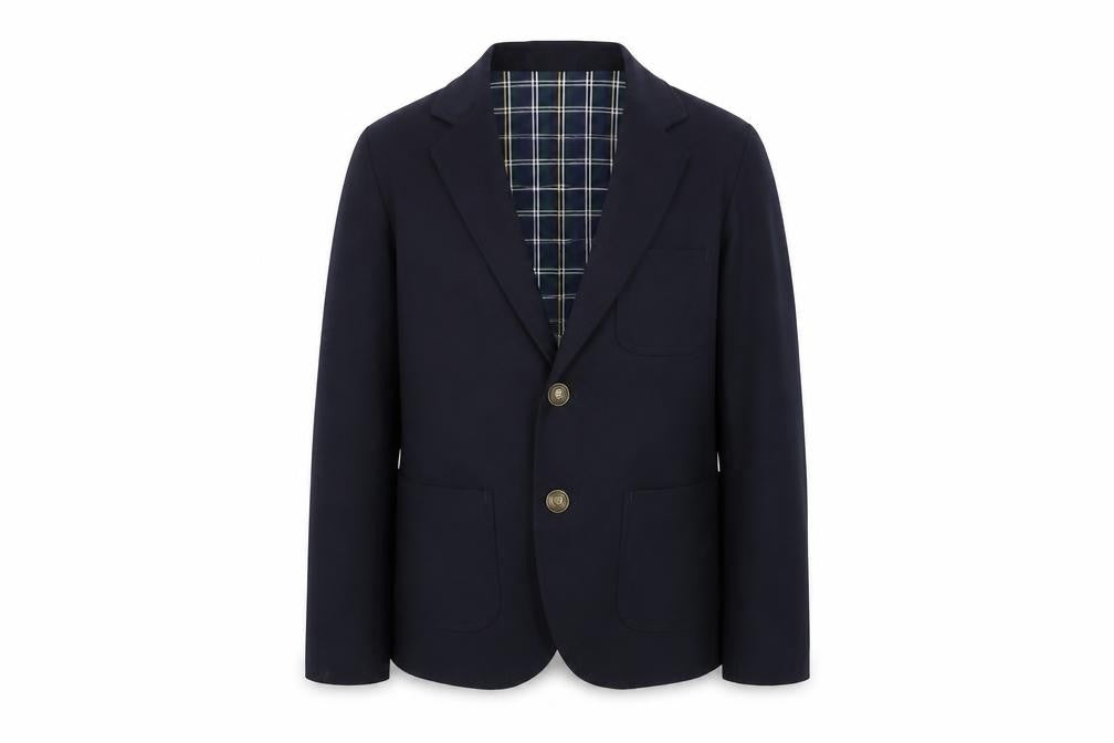 Front view of Lowrys Farm boys’ blue jacket blazer, size M, button