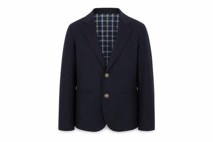 Front view of Lowrys Farm boys’ blue jacket blazer, size M, button