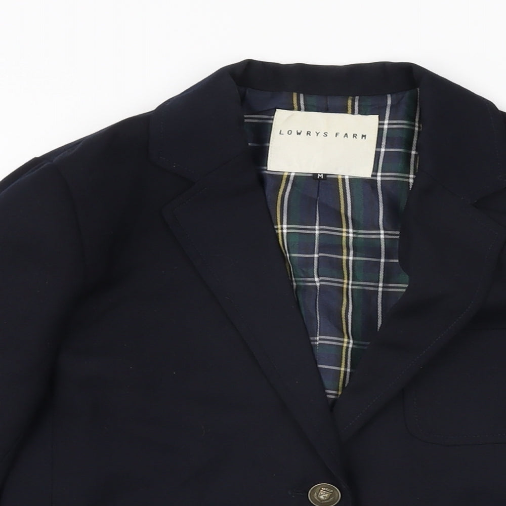 Close-up detail of Lowrys Farm boys’ blue jacket blazer, size M, button