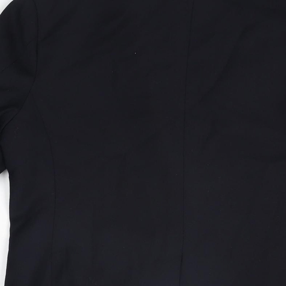 Brand and care label for Lowrys Farm boys’ blue jacket blazer, size M, button