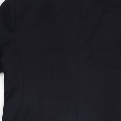Brand and care label for Lowrys Farm boys’ blue jacket blazer, size M, button