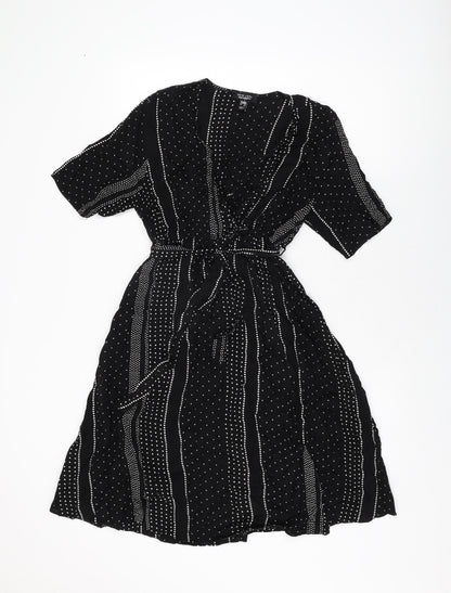 New Look Womens Black Geometric Viscose Wrap Dress Size 10 V-Neck Pullover