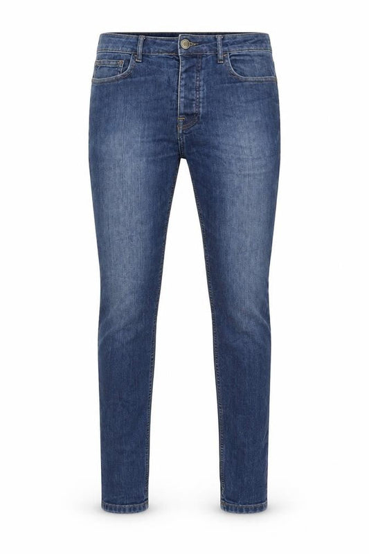 Front view of Denim & Co. men’s blue cotton skinny jeans, size 34, in, 34-inch leg regular zip
