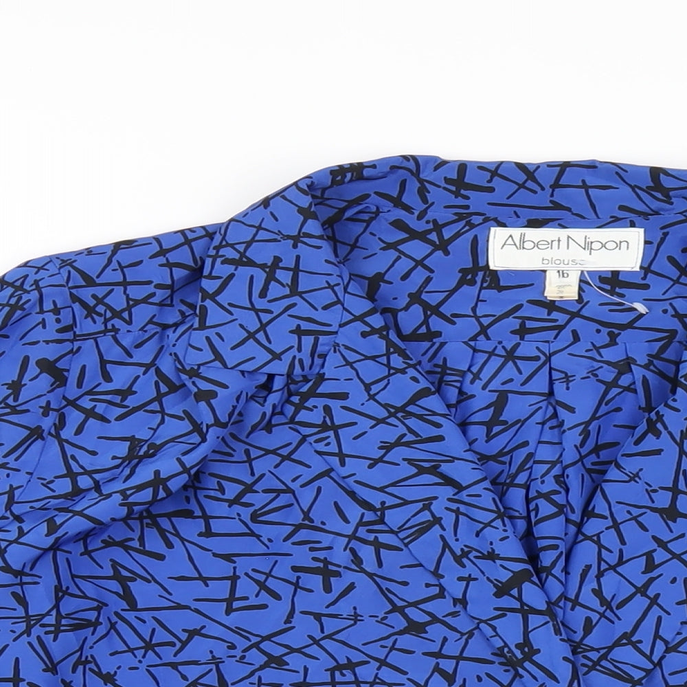 Albert Nipon Womens Blue Geometric Polyester Basic Blouse Size 16 V-Neck