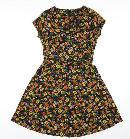New Look Womens Black Floral Polyester A-Line Size 6 Round Neck Zip
