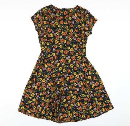 New Look Womens Black Floral Polyester A-Line Size 6 Round Neck Zip