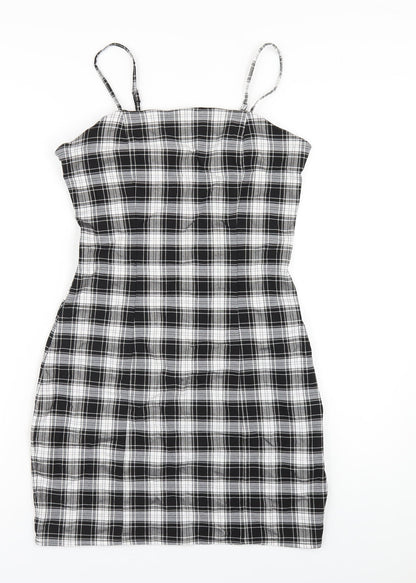 New Look Girls Black Plaid Vinyl Mini Size 15 Years Square Neck Zip