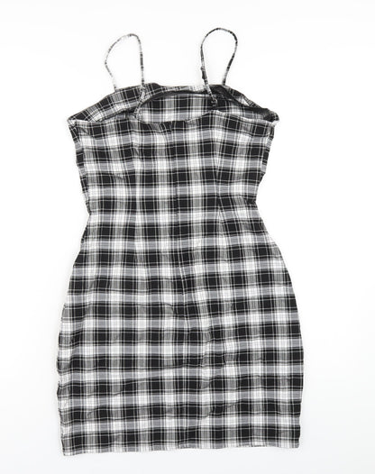 New Look Girls Black Plaid Vinyl Mini Size 15 Years Square Neck Zip