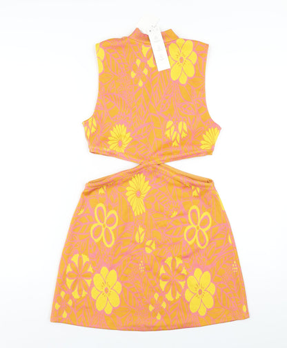 Zara Womens Orange Floral Polyester Bodycon Size M Roll Neck Pullover