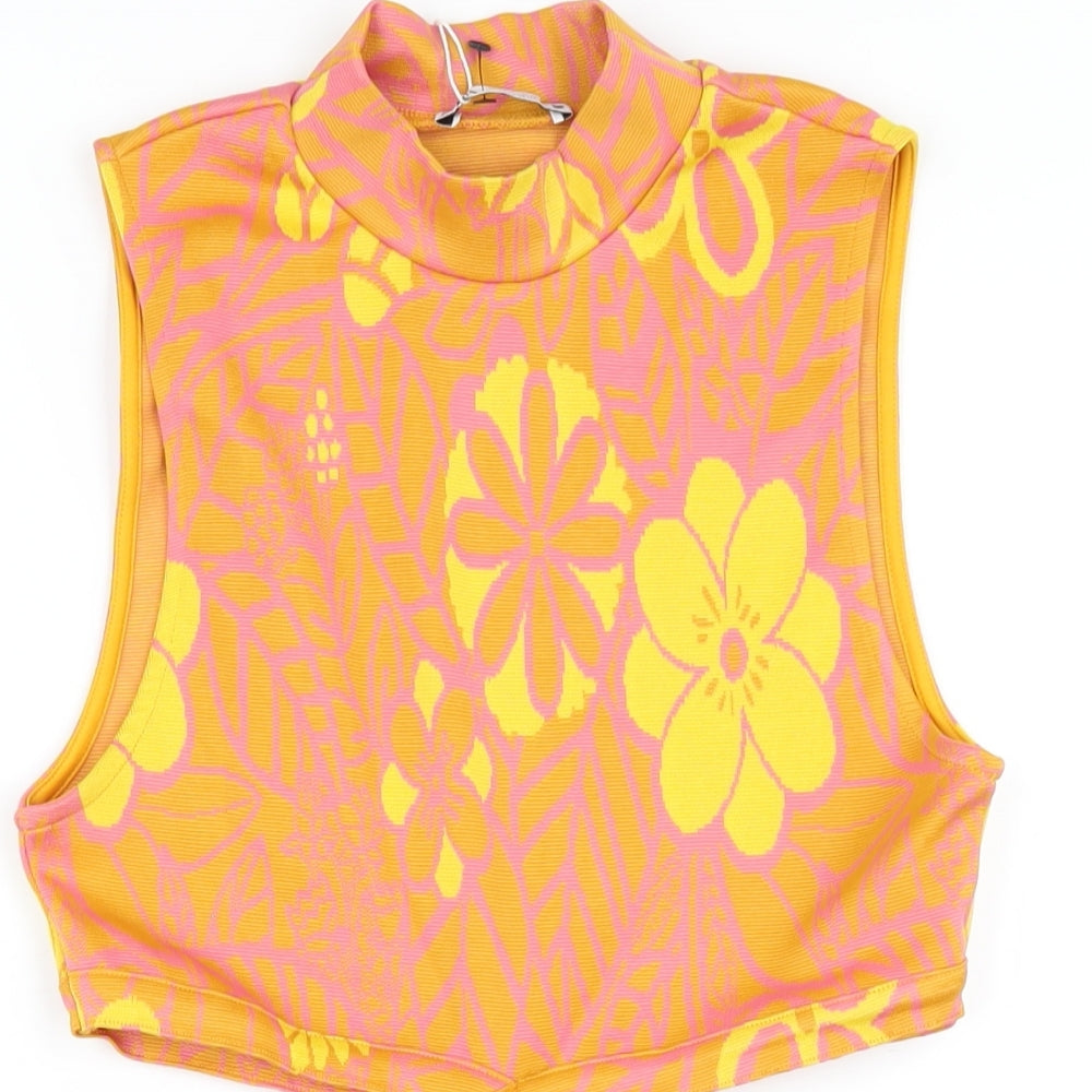 Zara Womens Orange Floral Polyester Bodycon Size M Roll Neck Pullover