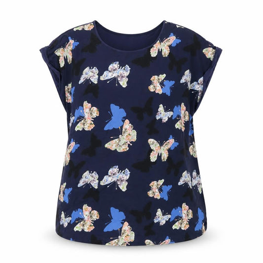 Front view of Red Herring women’s blue geometric polyester basic t-shirt, size UK 20, round neck