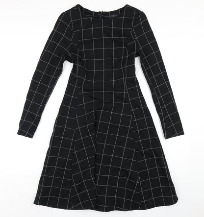 Marks and Spencer Womens Black Check Viscose A-Line Size 8 Round Neck Zip