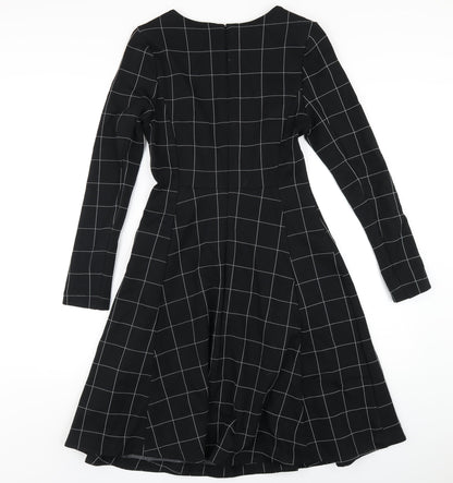 Marks and Spencer Womens Black Check Viscose A-Line Size 8 Round Neck Zip