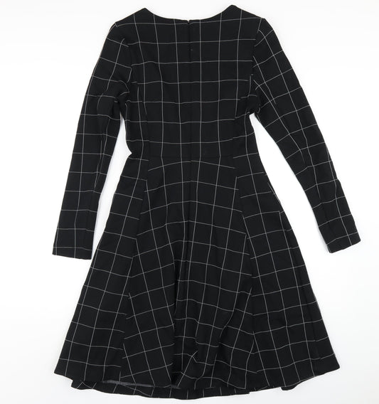 Marks and Spencer Womens Black Check Viscose A-Line Size 8 Round Neck Zip
