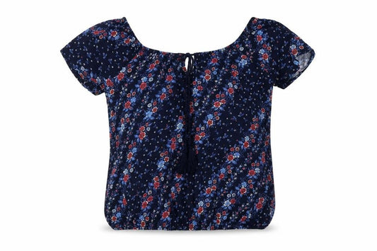 Front view of Principles women’s blue floral viscose basic blouse, size UK 10, round neck