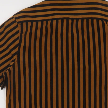 Topman Mens Brown Striped Polyester Button-Up Size S Collared Button