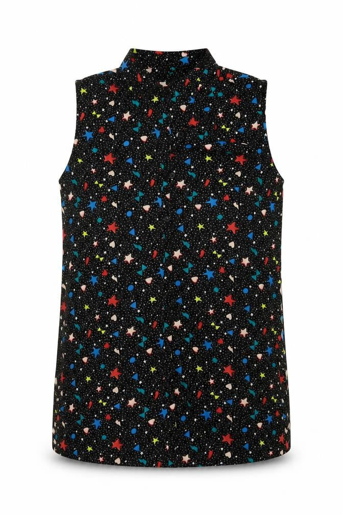 Front view of Marks & Spencer girls’ black geometric polyester basic blouse, size 13-14, years collared button
