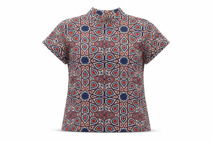 mONKLI Womens Multicoloured Geometric Polyester Basic T-Shirt Size S Mock Neck