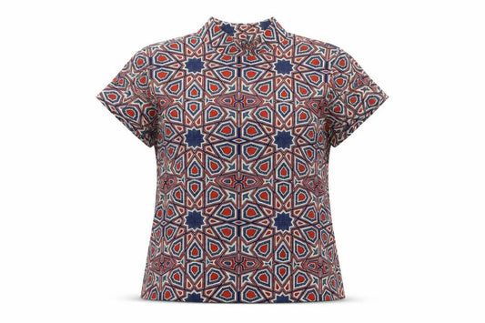 mONKLI Womens Multicoloured Geometric Polyester Basic T-Shirt Size S Mock Neck