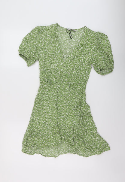 Stradivarius Womens Green Floral Polyester A-Line Size M V-Neck Pullover