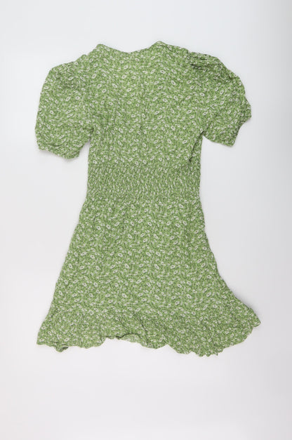 Stradivarius Womens Green Floral Polyester A-Line Size M V-Neck Pullover