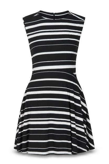French Connection Womens Black Striped Cotton A-Line Size 12 Round Neck Zip