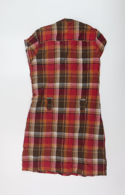 New Look Womens Red Plaid Cotton Shirt Dress Size 10 V-Neck Button