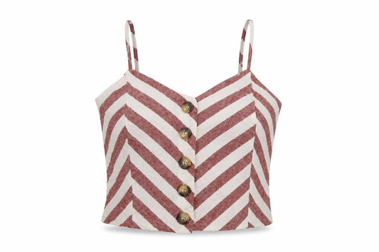 Front view of Miss Selfridge women’s red striped linen cropped tank, size UK 6, v-neck