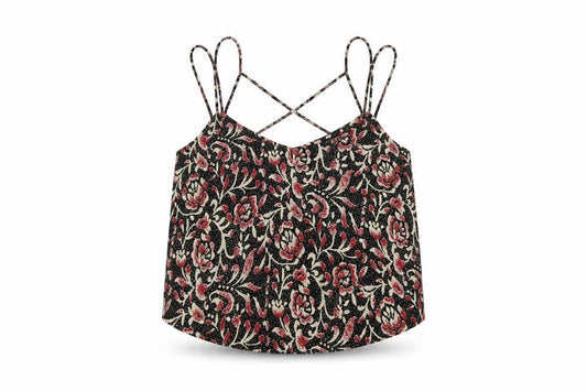 Front view of ASOS women’s multicoloured geometric polyester cropped tank, size UK 8, roll neck