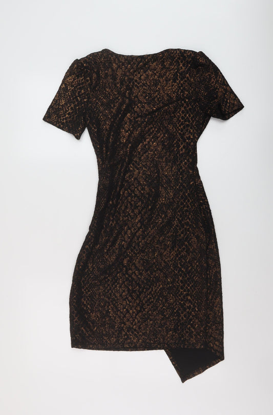 Apricot Womens Black Animal Print Polyester Bodycon Size 8 V-Neck Pullover