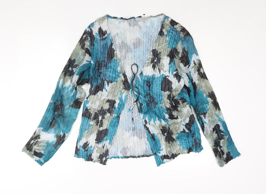 Cotswold Collections Womens Blue Geometric Polyester Basic Blouse Size L V-Neck - Crinkle Look