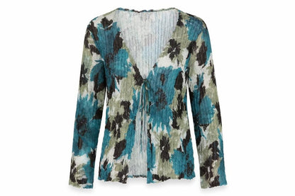 Front view of Cotswold Collections women’s blue geometric polyester basic blouse, size L, v-neck - crinkle look