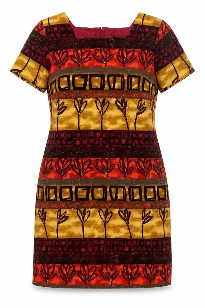 Front view of Byer Studio women’s multicoloured geometric polyester shift, size UK 14, square neck zip