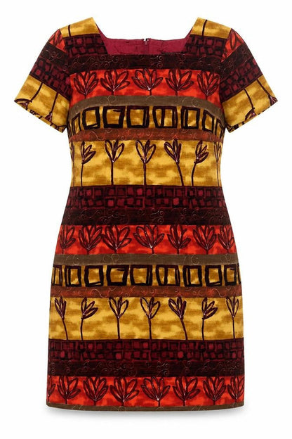 Front view of Byer Studio women’s multicoloured geometric polyester shift, size UK 14, square neck zip