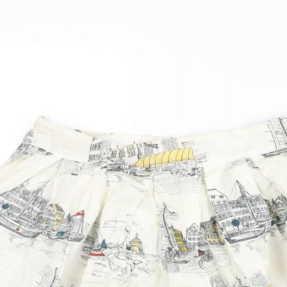Yumi Womens Ivory Geometric Cotton A-Line Skirt Size 8 Zip - Street Building Print