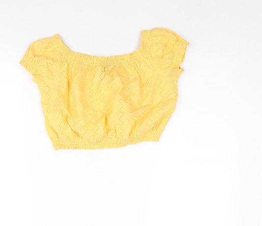 Divided by H&M Womens Yellow Cotton Cropped Blouse Size 12 Boat Neck - Rouched