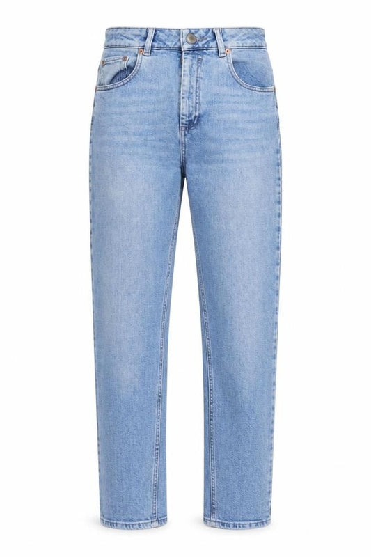 Front view of ASOS women’s blue cotton straight jeans, size UK 28, in, 30-inch leg regular zip