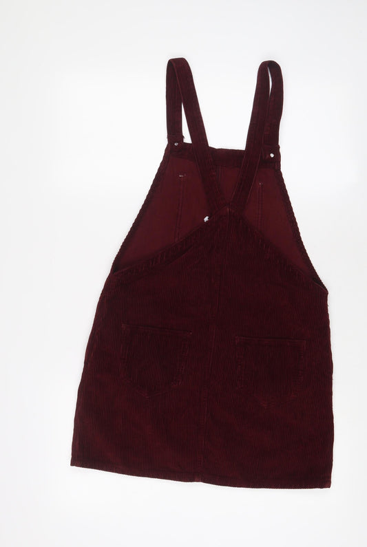 Topshop Womens Red Cotton Pinafore/Dungaree Dress Size 8 Square Neck Button