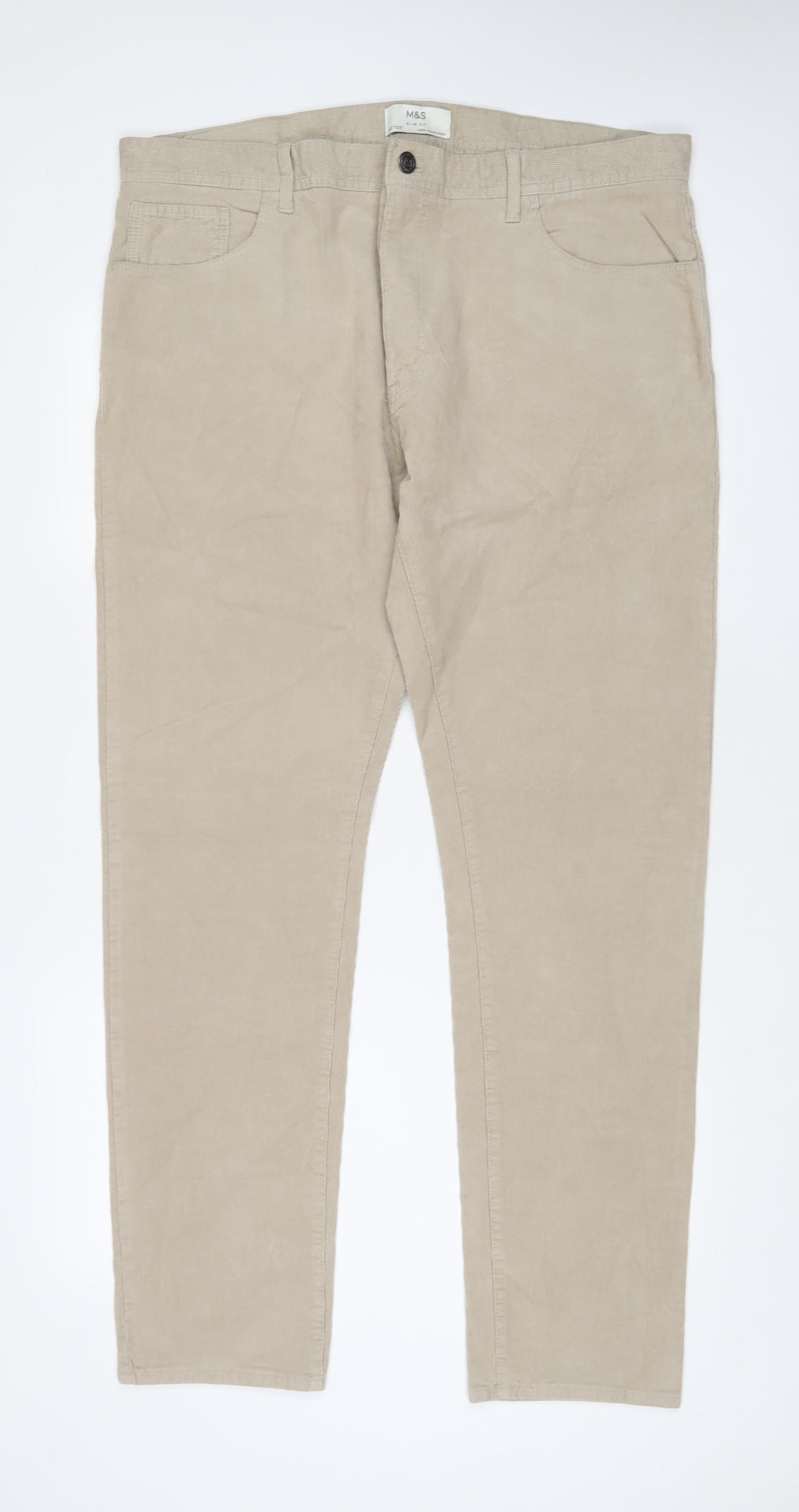 Marks and Spencer Mens Beige Cotton Trousers Size 40 in L33 in Slim Zip - Long Leg
