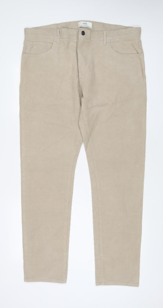 Marks and Spencer Mens Beige Cotton Trousers Size 40 in L33 in Slim Zip - Long Leg