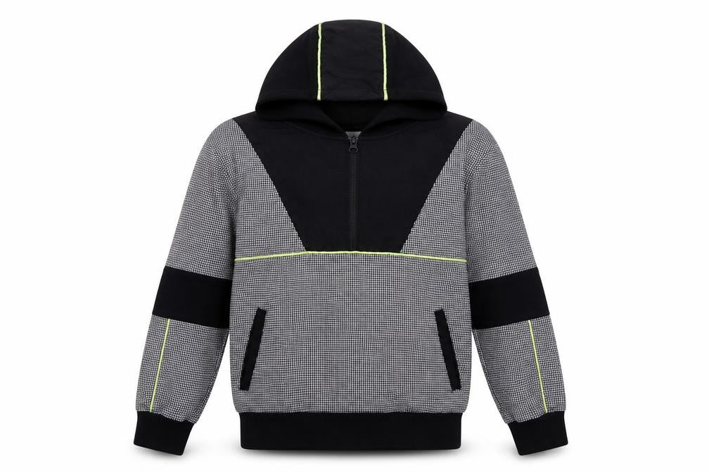 Front view of River Island boys’ black houndstooth jacket, size 9-10, years zip