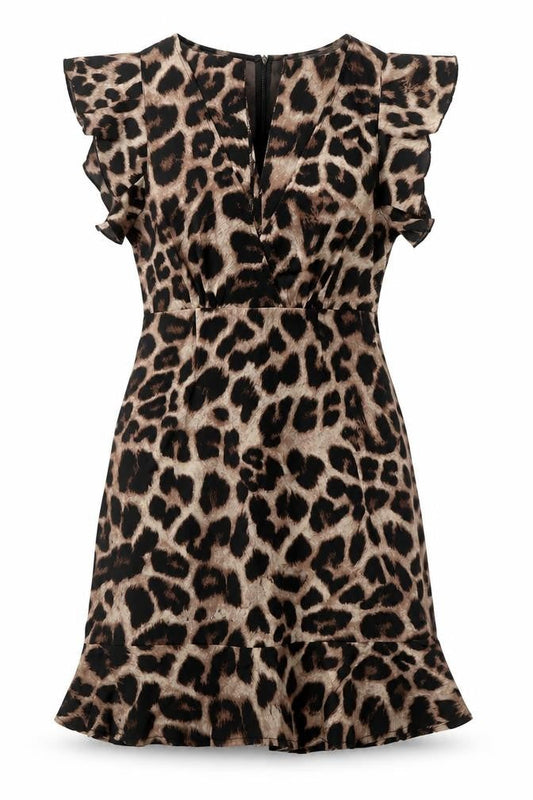 Front view of AX women’s beige animal print polyester a-line, size UK 8, v-neck zip