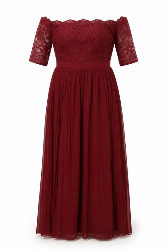 Chi Chi Womens Red Polyester Ball Gown Size 8 Off the Shoulder Zip - Pleated, Lace