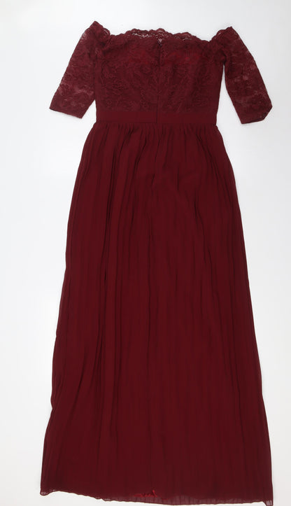 Chi Chi Womens Red Polyester Ball Gown Size 8 Off the Shoulder Zip - Pleated, Lace